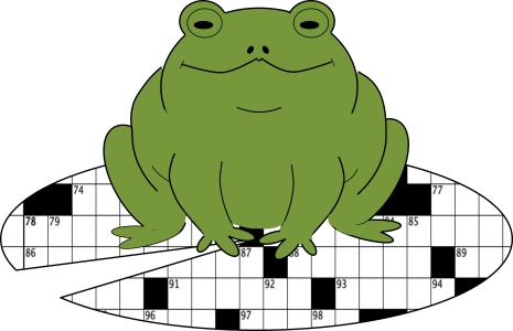 Cartoon of a green frog sitting on top of a lily pad and the lily pad is patterned to look like a crossword puzzle